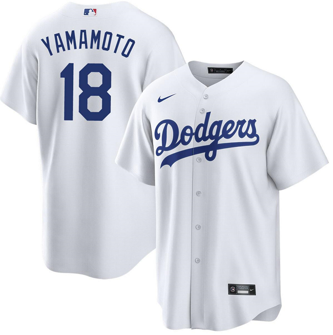 Los Angeles Dodgers #18 Yoshinobu Yamamoto White Cool Base Stitched Jersey - Click Image to Close